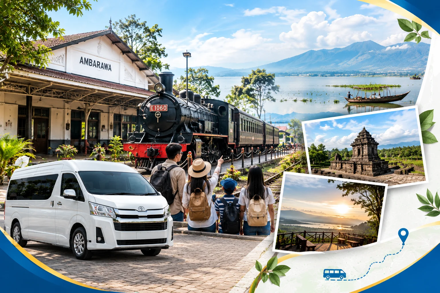 Kolase pemandangan Rawa Pening dan Museum Kereta Api Ambarawa